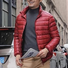 Men's Winter Coat Puffer Jacket Padded Jacket Pocket Polyster Vacation Daily Wear Date Regular Fashion Casual Comfortable Thermal Warm Winter Solid / Plain Col
