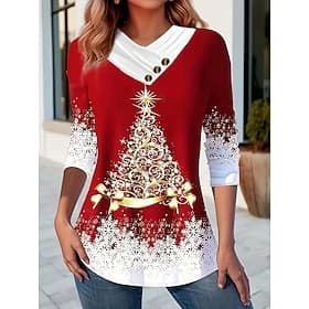 Christmas Women's T Shirt Graphic Vintage Stylish Classic Long Sleeve V Neck Regular Tops Daily Buttons Print Asymmetrical Black Red Blue Green Spring Fall Win