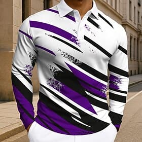 Men's Geometic Line Polo Long Sleeve Polo Shirts Lapel Casual Athleisure Daily Wear 3D Print Buttons Spring Fall Winter Red Blue Purple