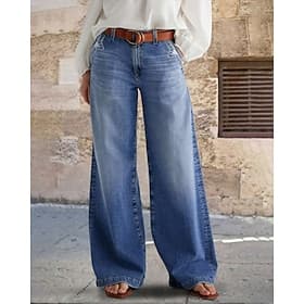 Women's Jeans Wide Leg Fashion Streetwear Casual Full Length Medium Waist Plain Pocket Comfortable Micro-elastic Daily Outdoor Vacation Blue Spring Fall Loose