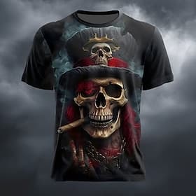Men's Optical Illusion 3D Pirate T Shirt Short Sleeve T shirt 3D Print Crew Neck Shirt Exaggerated Designer Horror Club Party Street Blue Red Green Summer Spri