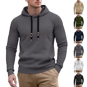 Men's Hoodie Waffle Hoodies Pullover Hoodie Sweatshirt Black Army Green Navy Blue Khaki Light Grey Hooded Plain Patchwork Color Block Textured Sports  Outdoor