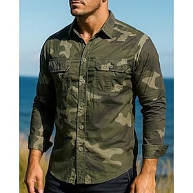 Men's Cargo Shirt Hiking Shirt Long Sleeve Turndown Top Outdoor Breathable Spring Autumn / Fall Cotton Camouflage Army Green Khaki Grey Tennis Golf Running