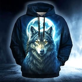 Men's Moon Wolf 3D Hoodie Sweatshirt Cool Daily Long Sleeve Crew Neck Club Streetwear Blue Purple Green Drawstring Fall Winter Designer S M L XL XXL XXXL