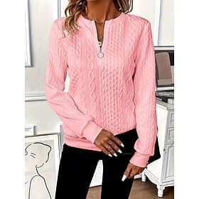 Women's Blouse Zipper Solid Color Stylish Casual Long Sleeve Crew Neck Regular Tops Daily Blue Black White Pink Spring Fall Winter