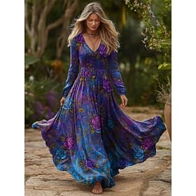 Women's Maxi Dress Boho Pleated Dress Party Casual  Daily Date Going out Regular Fit Floral Graphic Long Sleeve V Neck Blue Fuchsia Spring Fall Winter