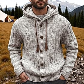 Men's Sweater Cardigan Sweater Ribbed Cable Knit Regular Tops Knitted Plain Hooded Vacation Fashion Casual Daily Wear Clothing Apparel Fall Spring   Fall Gray