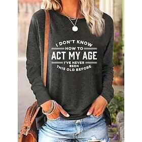 Women's T Shirt Print Graphic Letter Vintage Fashion Stylish Long Sleeve Crew Neck Regular Tops Daily Weekend Blue Navy Blue Gray Spring Fall