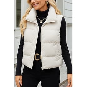 Women's Vest Comfortable Breathable Pocket Casual Plain Vacation Street Casual Daily Wear Zipper Short Stand Collar Loose Fit Sleeveless Outerwear Black White
