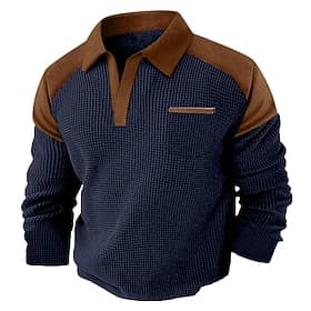 Men's Waffle Tee Long Sleeve V Neck Lapel Fall Spring   Fall Solid Color Fashion Basic Casual Color Block Casual Street Sports Black Navy Blue Army Green Top T