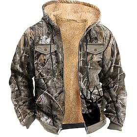 Men's Camo Camouflage Fleece Hoodie Jacket Sweatshirt Fashion Cool Daily Vintage Retro Long Sleeve Hooded Hunting Blue Green Army Green Gray Zipper Pocket Fall