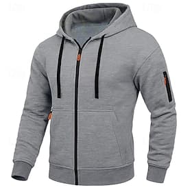 Men's Hoodie Full Zip Hoodie Fleece Hoodie Tactical Hoodie Light Grey Hooded Plain Zipper Pocket Casual Daily Sports  Outdoor Polyester Streetwear Cool Sportsw