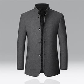 Men's Peacoat Trench Coat Vacation Daily Fall Winter Polyester Windproof Outerwear Clothing Apparel Fashion Classic Plain Pocket Stand Collar Single Breasted