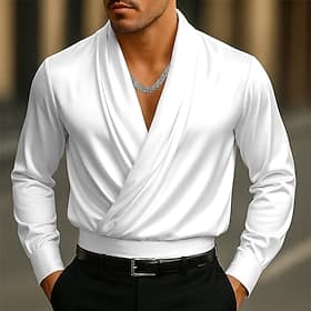 Men's Shirt Silk Like Satin Shirt Dress Shirt Casual Shirt Prom Shirt Plain Wedding Formal Black White Long Sleeve Shawl Collar All Seasons Clothing Apparel