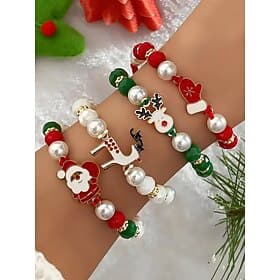 Women's Christmas Beaded Bracelet Set with Santa, Reindeer  Snowman Charms, Red Green Pearl Stretch Bracelets, Festive Holiday Jewelry Gift for Her