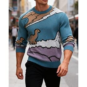Men's Pullover Sweater Jumper Knit Sweater Ribbed Knit Regular Tops Knitted Dinosaur Crew Neck Fashion Basic Vacation Daily Wear Clothing Apparel Fall Winter L