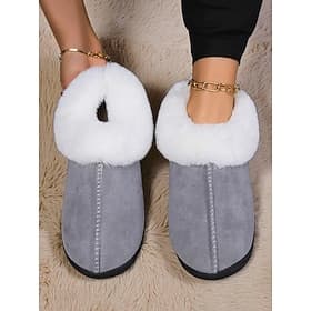 Women's Warm Fleece Lined Slippers with Faux Fur Collar, Cozy Non-Slip Indoor Shoes, Stylish Winter House Slippers for Ladies  Holiday Comfort