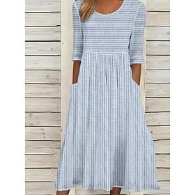 Dames Halflange jurk Casual jurk A lijn jurk Elegant Stijlvol Casual Dagelijks Vakantie Ruim Passend Streep Korte mouw Strakke ronde hals Grijs Licht Blauw Zom thumbnail 3