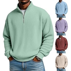 Men's Corduroy Shirt Textured Casual Vacation Quarter Zip Long Sleeve Fashion Basic Solid Color Zipper Fall Winter Fall Spring Fall Relaxed Fit Black Wine D