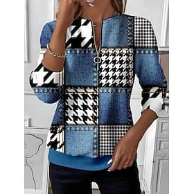 Women's Pullover Sweatshirt Zip Up Sweatshirts Zipper Print Graphic Geometric Color Block Fashion Casual Long Sleeve Crew Neck Regular Tops Street Dailywear Bl