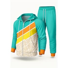 Men's 80s Sportswear Hoodie Tracksuit Drawstring Zip Up Geometric Clothing Suit Fall Winter Black Pink Spandex Vocation Outdoor Travel Lightweight Fashion Long