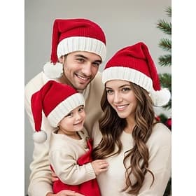 Women's and Kids' Knit Santa Hat, Cozy Polyester Christmas Hat with Pom-Pom, Perfect for Holiday Family Photos and Christmas Gifts