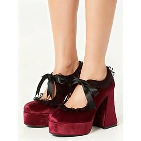 Women's 19th Century Victorian Gothic Velvet Platform Heels  -  Burgundy Mary Jane Chunky Pumps with Lace Trim and Ribbon for Halloween,Cosplay,and Lolita Fash