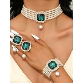 Conjunto de 3 joyas de perlas y piedras preciosas verdes para mujer, gargantilla vintage y pulsera. Anillo para fiestas navideñas, regalos navideños. veladas e