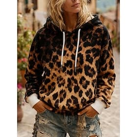 Women's Pullover Hoodies Drawstring Print Leopard Fashion Streetwear Casual Long Sleeve Hooded Regular Tops Casual Dailywear Brown Spring Fall