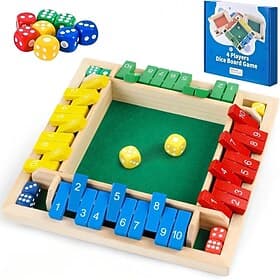 Shut The Box Dice Game,8 Dice 4 Players Wooden Board Table Math Skills Game with Drop it Game Instructions for Kids Adults Easy to Learn, Family and Friends Pa