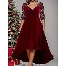 Women's Plus Size Velvet Dress Solid Color V Neck Long Sleeve Spring Fall Elegant Fashion Modern Midi Dress Formal Christmas Dress