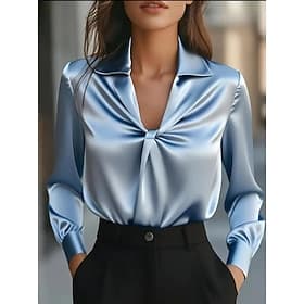 Women's Elegant Satin Top Blouse Silky Tops Ruched Plain Elegant Daily Stylish Long Sleeve Shirt Collar Regular Tops Daily Black White Sky Blue Light Purple Ap