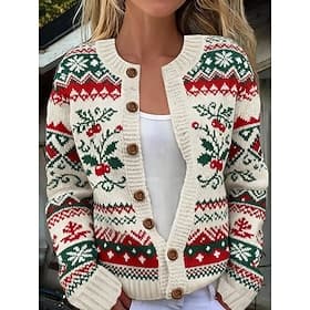 Women's Christmas Sweater Fair Isle Sweater Cardigan Fashion Daily Casual Graphic Ribbed Crew Neck Buttons Print Long Sleeve Regular Tops Knit Christmas Outdoo