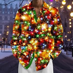 Christmas Men's Sparkling Glitter Christmas Light Shirt Button Up Shirt Long Sleeve Fashion Casual Holiday Spring Fall Turndown 3D Print Front One Pocket Linen