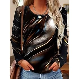 Women's T Shirt Print Graphic Striped Abstract Vintage Fashion Stylish Long Sleeve Crew Neck Round Neck Regular Tops Daily Weekend Brown Fall Winter