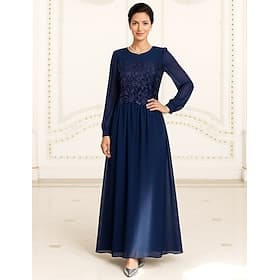 A-Line Floor Length Wedding Guest Dress Formal Dresses Evening Gown Mother of the Bride Dress Long Sleeve Crew Neck Elegant Vintage Formal Formal Evening Weddi