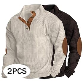 Men's Sweatshirt Corduroy Pullover Hoodie Sweatshirt Pullover Button Up Hoodie WhiteWine ApricotCoffee ApricotDenim Blue Standing Collar Plain Patchwork Color