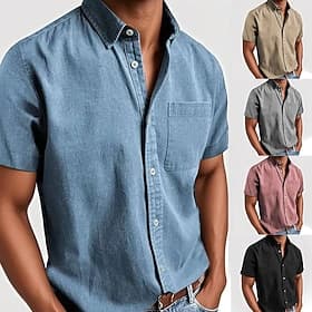 Men's Shirt Casual Shirt Button Up Shirt White Pink Red Sky Blue Green Short Sleeve Plain Lapel Casual Daily Front Pocket Clothing Apparel Elegant Fashion Casu