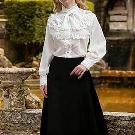 Retro Vintage Rococo Medieval Blouse / Shirt Ruffle Sleeve Princess Vampire Queen Lace Bow Solid Colored Fancy Dress Women's Pirate Royal Steampunk Masquerade