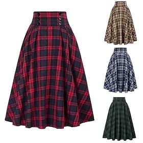 Women's Fashion Casual Knee-length Mid Waist Skirts Plaid Color Block Splice Inelastic Daily Office / Career Blue Yellow Red Green Fall