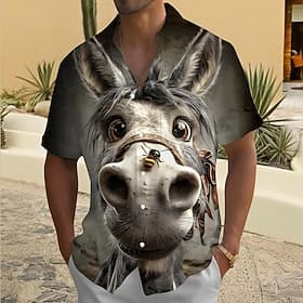 Men's Animal Bee Donkey Shirt Button Up Shirt Short Sleeve Funny Outdoor Casual Daily Summer Spring Turndown 3D Print Collared Shirts Front One Pocket Gray