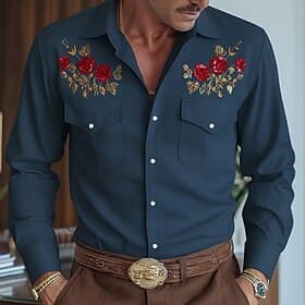 Men's Floral Print Flowers Shirt Western Shirt Cowboy Shirt Long Sleeve Vintage Retro Casual Outdoor WorkWear Spring Fall Turndown Front Two Pockets Linen Like