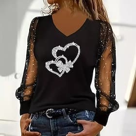 Women's Blouse Patchwork Glitter Mesh Plain Stylish Modern Long Sleeve V Neck Regular Tops Daily Holiday Going out Black Summer Spring Fall