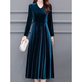 Women's Velvet Midi Dress A Line Dress Elegant Party Cocktail Outdoor Party Wedding Guest Regular Fit Solid Color Long Sleeve V Neck Black Wine Blue Purple Fal