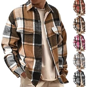 Herren Hemd Flanellhemd Knopfhemd Overshirt Gelb Rosa Orange Hell Gray Dunkelgray Langarm Karomuster Umlegekragen Lässig Täglich Bekleidung Warm Mode