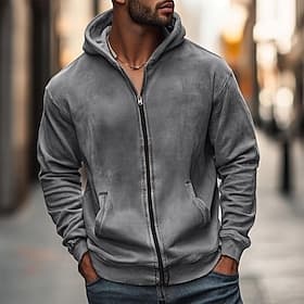 SoftFade™ Men's Hoodie Full Zip Hoodie Black Army Green Green Gray Hooded Plain Zip Up Sports  Outdoor Casual Daily Streetwear Cool Sportswear Spring   Fall Al