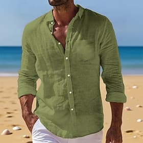 Men's Shirt Linen Shirt Summer Shirt Button Down Shirt Beach Shirt Untucked Shirts Plain Vacation Daily Wear Black White Light Green Pink Long Sleeve Turndown