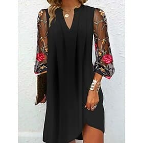Women's Mini Dress Shift Dress Casual Daily Loose Fit Floral 3/4 Length Sleeve V Neck Black Summer Spring Fall