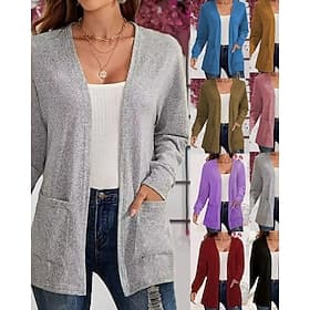 Women's Sweater Cardigan Elegant Streetwear Casual Solid Color V Neck Pocket Knitted Long Sleeve Long Tops Knit Daily Holiday Going out Black Pink Fall Winter