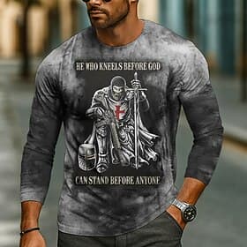 Men's Crusaders Knights Templar T Shirt Long Sleeve T shirt 3D Print Crew Neck Shirt Fashion Basic Casual Casual Daily Street Brown Green Gray Summer Spring Cl